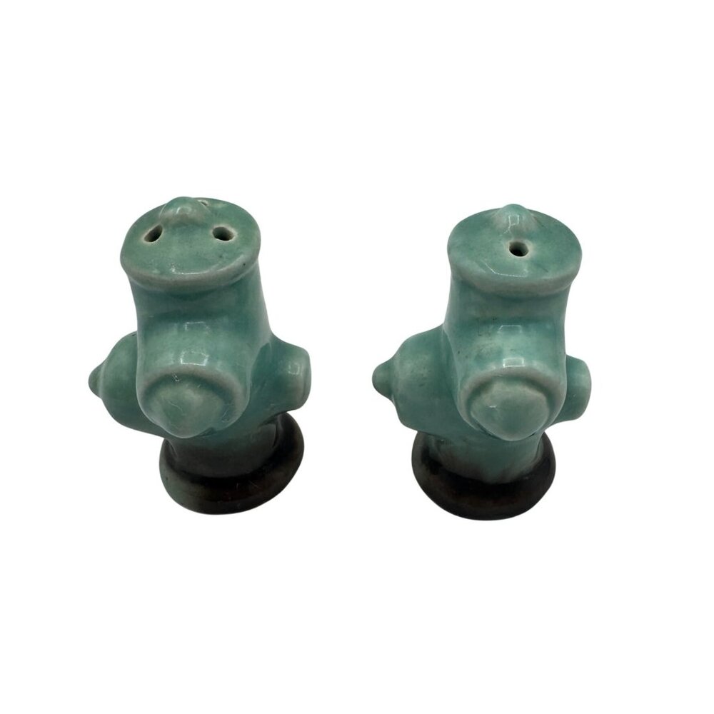 Fire Hydrant Shaped Ceramic Salt & Pepper Shakers Handcrafted Blue & Black